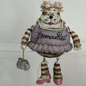 Glamour Puss Resin Cat Shelf Sitter Pearls Metal Joined Hands Legs 6" Tutu Purse